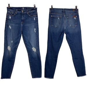 7 For All Mankind The High Waist Ankle Skinny Distresssed Raw Hem Jeans 29